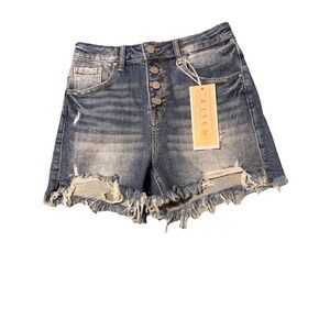 Risen LA High Rise Button Fly Distressed Denim Shorts Raw Hem Med NWT Festival